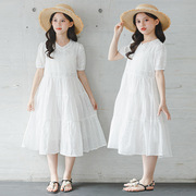 中大女童连衣裙夏季韩版洋气儿童纯棉，短袖裙子v领刺绣白色公主裙