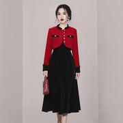 秋冬季女装2022时尚红色粗花呢外套黑色丝绒连衣裙裙子套装潮