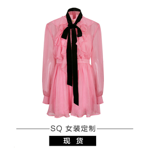 SQ 精致复古线/粉色雪纺衬衫连衣裙女收腰显瘦仙女裙