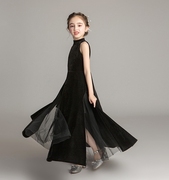 儿童黑色晚礼服女孩主持人演出长裙，女大童高端修身无袖，丝绒公主裙