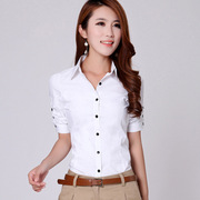 显瘦通勤短袖职业衬衫纯色，白色ol翻领，女式修身韩国上衣女装棉