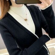 针织衫女2023春秋韩版修身毛衣假两件长袖套头半高领打底衫潮