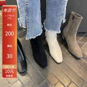 韩国东大门女鞋2021年小方头弹力，绒面侧拉链方跟瘦瘦靴小短靴白靴