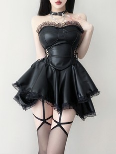 辣妹侧腰镂空绑带设计感皮裙，黑色高级感拼接蕾丝，抹胸显瘦连衣裙女