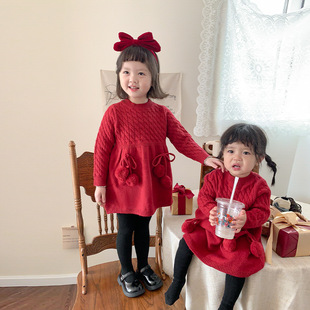 2022秋冬韩版女童红色，新年服娃娃裙气质，针织裙毛线毛衣连衣裙