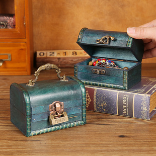 复古加厚祖母绿小木盒子带锁饰品桌面杂物收纳盒手提便携式首饰盒
