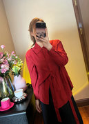 红色衬衫女2023夏装宽松系带长袖衬衣设计感显瘦不规则下摆上衣潮