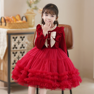 女童连衣裙新年裙子2023秋冬季儿童冬装小女孩，红色公主裙加绒