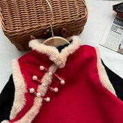 女童旗袍冬季2023连衣裙毛呢，中国风唐装，红色加绒背心裙子套装