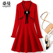 气质红色V领针织连衣裙修身显瘦长袖高腰A字中裙时尚高级感礼服裙