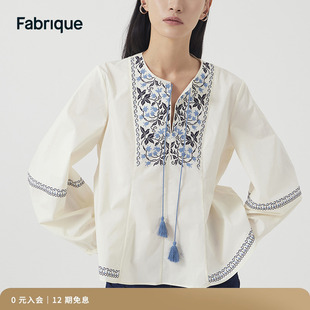 Fabrique 流苏系带刺绣细节衬衫2023夏季度假风上衣女夏装