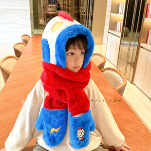儿童帽子男孩冬季保暖护耳可爱奥特曼男童，宝宝手套围巾一体三件套