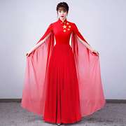 红色大合唱团演出服装，女歌手高端长裙钢琴成人，独唱晚礼服大气