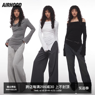 AIRHOOD 春季收腰纯欲荡领甜辣妹不规则一字肩上衣设计长袖T恤女