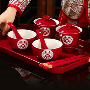 敬茶杯子结婚喜碗婚礼改口一对红色，敬酒茶杯碗筷，套装陪嫁用品大全