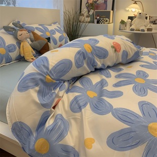 韩式浪漫蓝色花卉床品四件套ins轻奢花海学生宿舍床单被套三件套