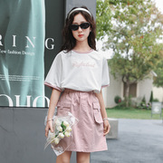 夏季儿童时尚潮范宽松休闲短袖短裙套装女童短款上衣韩版两件套