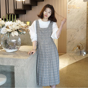 ！韩版女装 肩带裙背带裙百褶连衣裙格子裙G5012