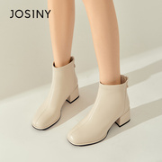 卓诗尼白色短靴，女2022年秋冬靴子，后拉链方头及踝靴粗跟女靴子