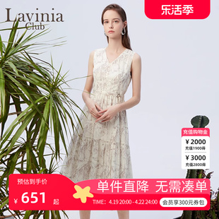 Lavinia 夏季女装中式水墨风印花无袖v领气质连衣裙女P33L122