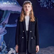 vjcolivia2023秋冬黑色羊毛呢子，大衣西装领烫钻商务外套女装