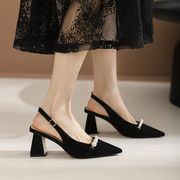 法式高级感旗袍马面，裙高跟鞋女夏季黑色，粗跟鞋子包头凉鞋单鞋