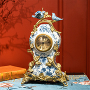 欧式陶瓷配铜座钟美式宝蓝色创意台式钟表古典别墅红色软装摆件