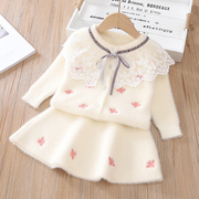 女童宝宝毛衣套装蕾丝春款季保暖两件套白色红色小女孩公主裙