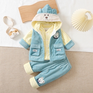 男女宝宝衣服秋冬装婴儿棉袄加厚0-1-2周岁外穿灯芯绒马甲三件套