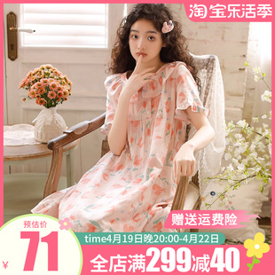 夏季女纯棉双层纱布睡裙日系甜美可爱短袖套头中长款家居睡衣