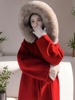 秋冬红色大毛领连帽双面羊毛大衣女气质可爱系带短款中长款外套女