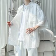 新中式白色冰丝短袖衬衫男士夏季薄款提花防晒装半袖痞帅衬衣外套