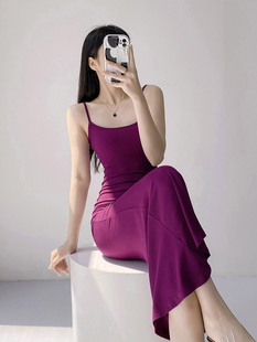 赫本风纯欲性感吊带连衣裙女夏季紫色长裙，收腰紧身鱼尾包臀裙