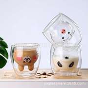 双层水晶耐热玻璃杯子创意可爱卡通熊猫杯耐热牛奶，杯企鹅杯小熊杯