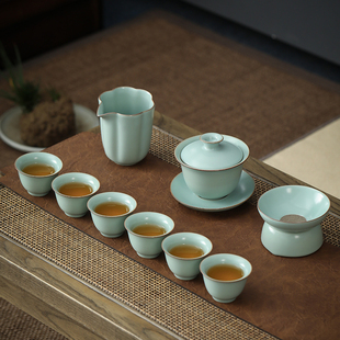 销汝窑茶具套装家用高档陶瓷，开片办公室会客整套功夫盖碗茶杯泡厂