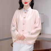 新中式粉色刺绣立领长袖衬衫，女2024春季国风温柔甜美气质轻薄上衣