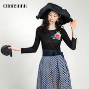 香莎chansarr复古典雅黑色，绣花上衣镂空透气修身显瘦气质蕾丝衫