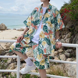 夏季沙滩套装男花衬衫时尚，休闲运动夏威夷情侣海边旅游度假两件套