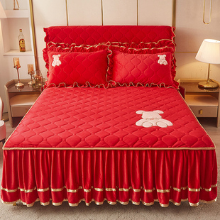 高端结婚大红色水晶牛奶绒夹棉床裙床罩单件加厚床单床头罩床围裙