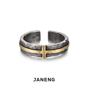 janeng追岸925纯银，镶黄铜破坏十字，开口戒指复古做旧可调节指环