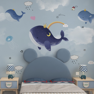 儿童房壁布男孩地中海风格壁画海洋壁纸卧室背景墙墙布鲸鱼墙纸