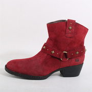 欧美短筒女靴铆钉红色牛皮时尚洋气舒适英伦复古气质女鞋-BN164