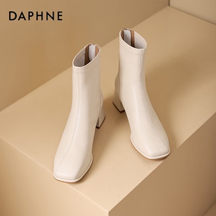 达芙妮真皮法式瘦瘦靴，白色短靴女2024年方头，高跟鞋靴子女秋冬