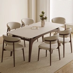 .实木岩板餐桌现代极简风进口白蜡木实木腿长方形白色岩板餐桌椅