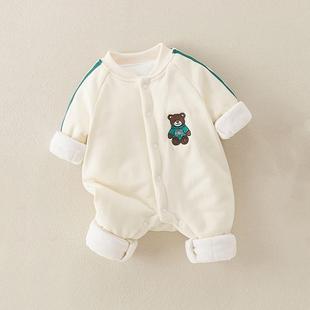婴儿秋冬连体衣三层夹棉一岁宝宝衣服套装加厚保暖可爱小熊外出服