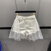 韩国网纱拼接牛仔白色短裤女夏季设计感高腰显瘦破洞毛边阔腿热裤