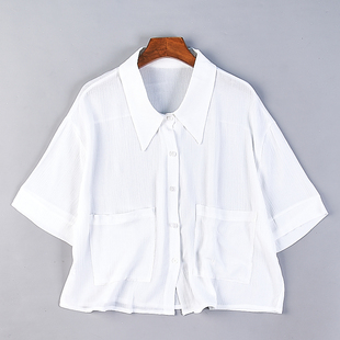 韩版白色单排扣雪纺衬衫女1.27H77714夏季宽松法式尖领五分袖上衣