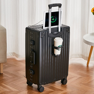多功能行李箱拉杆箱女20寸登机箱耐用铝框款可充电旅行皮箱男杯架