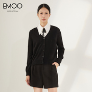 EMOO杨门2023冬季黑色V领长袖短款针织衫女薄款毛衣羊毛开衫