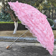 粉色立体花蕾丝太阳伞，黑胶防晒遮阳防紫外线二折晴雨，两用公主洋伞